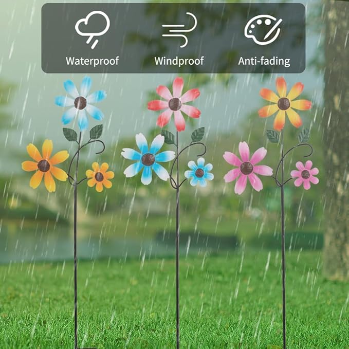 3 Pack Spring Garden Stakes Decor,Metal Flowers Decorative Garden Stakes,Waterproof Metal Yard Art for Outside,Lawn,Patio,Yard(23.1 * 6.7IN)