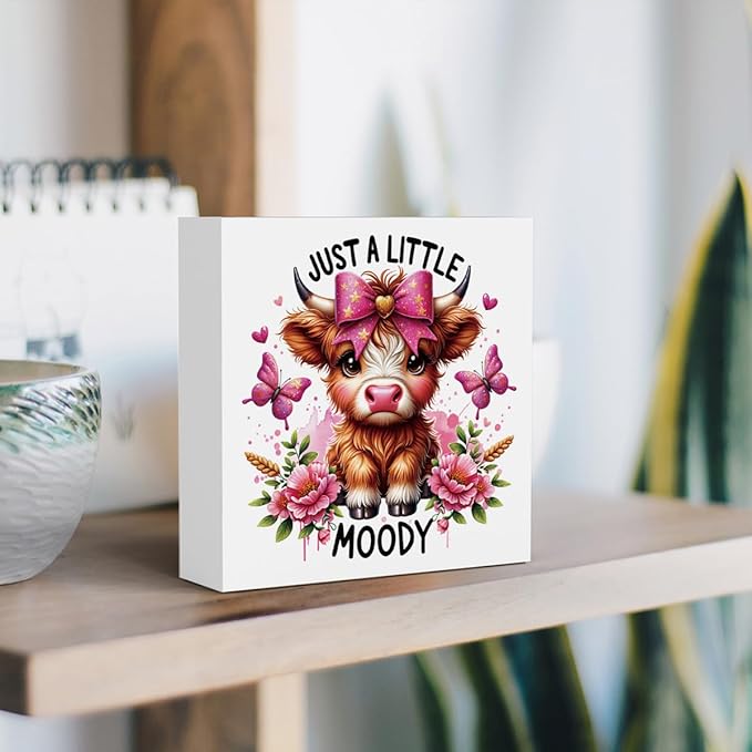 Cute Highland Cow Baby Decor, Cow With Pink Bow, Highland Cow Gifts for women, Highland Cow Decor, Highland Cow Nursery Decor, Wooden Box Decor Sign for Home Farmhouse Office Living Room Table Shelf