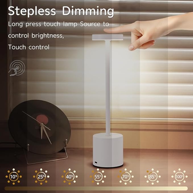 Cordless Table Lamp, 5000mAh Rechargeable Battery Powered LED Desk Lamp, Portable Touch Control Outdoor Table Lamps,3 Color Dimmable Light for Restaurant, Patio, Bedroom, Night Lamp (White)