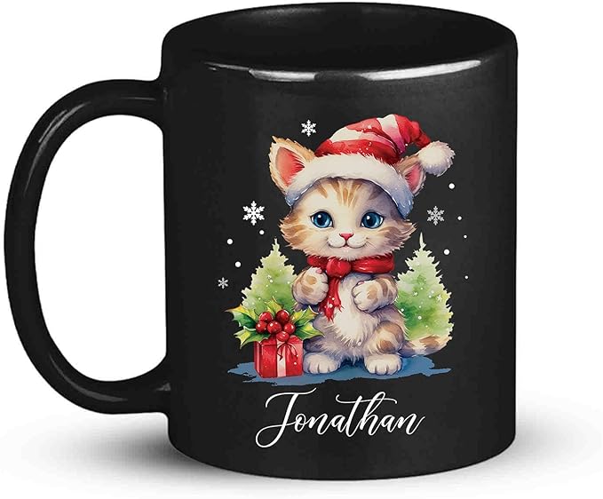 Cute Christmas Cat Cup, Customized Animal Coffee Mug, Gift For Birthday, Personalized Animal Lover Black Cup 11oz 15oz, Custom Xmas Cat Design Mug For Girl