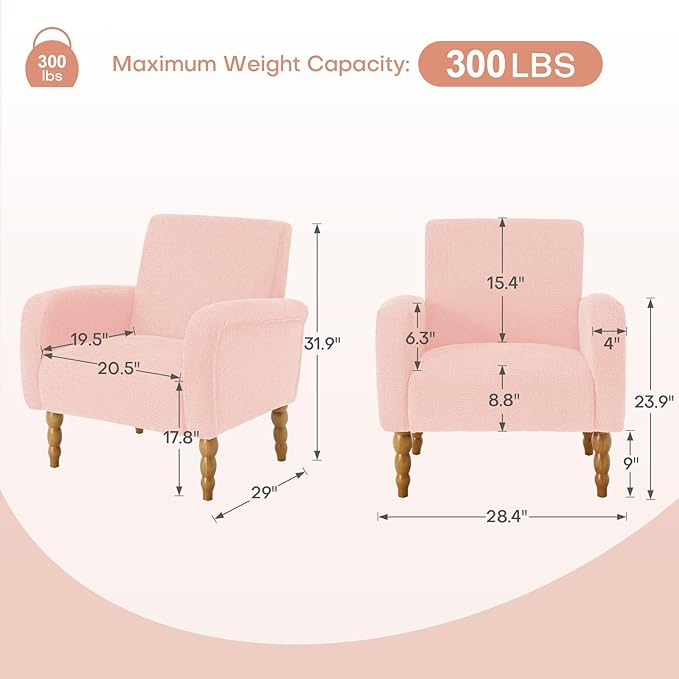 Chenille Fabric Accent Chair Set of 2, Upholstered Armchair with Solid Wood Legs, Modern Living Room Accent Chair, Comfy Single Sofa Chair Reading Club Chair for Bedroom Reception Lounge,Pink