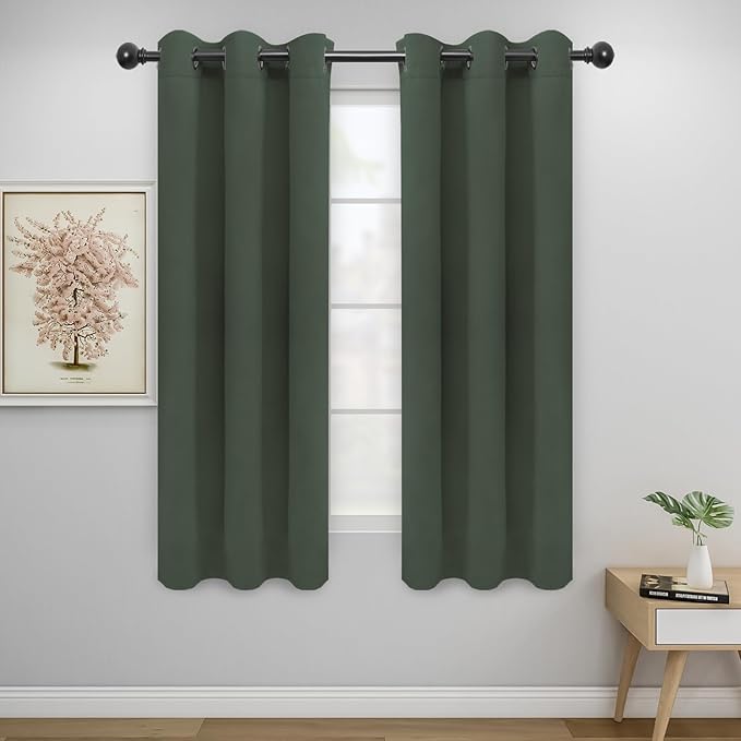 Easy-Going Blackout Curtains for Bedroom, Solid Thermal Insulated Grommet and Noise Reduction Window Drapes, Room Darkening Curtains for Living Room, 2 Panels (34x63 in, Greyish Green)