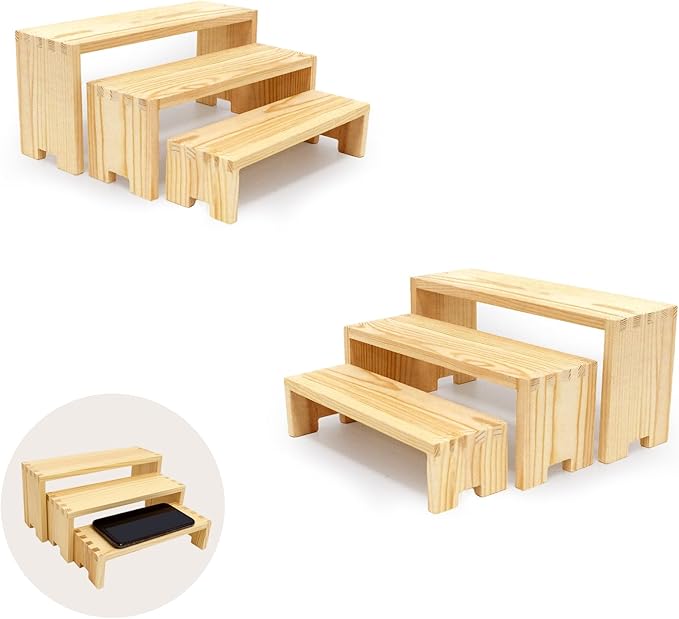 Display Wood Risers Wooden Stand 3 Tier Wood Racks Decorative Rectangular, 2 Set 6 Piece Cupcake Stands Cologne Perfume Organizer Dessert Showcase(Nature)