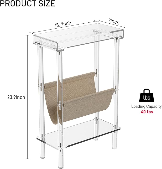 Eglaf Acrylic Narrow Side Table for Small Spaces - Slim End Table with Magazine Holder - Skinny Side Table Small Bedside Table Nightstand for Living Room Bedroom- 15.7” L x 7” W x 23.9” H, Clear