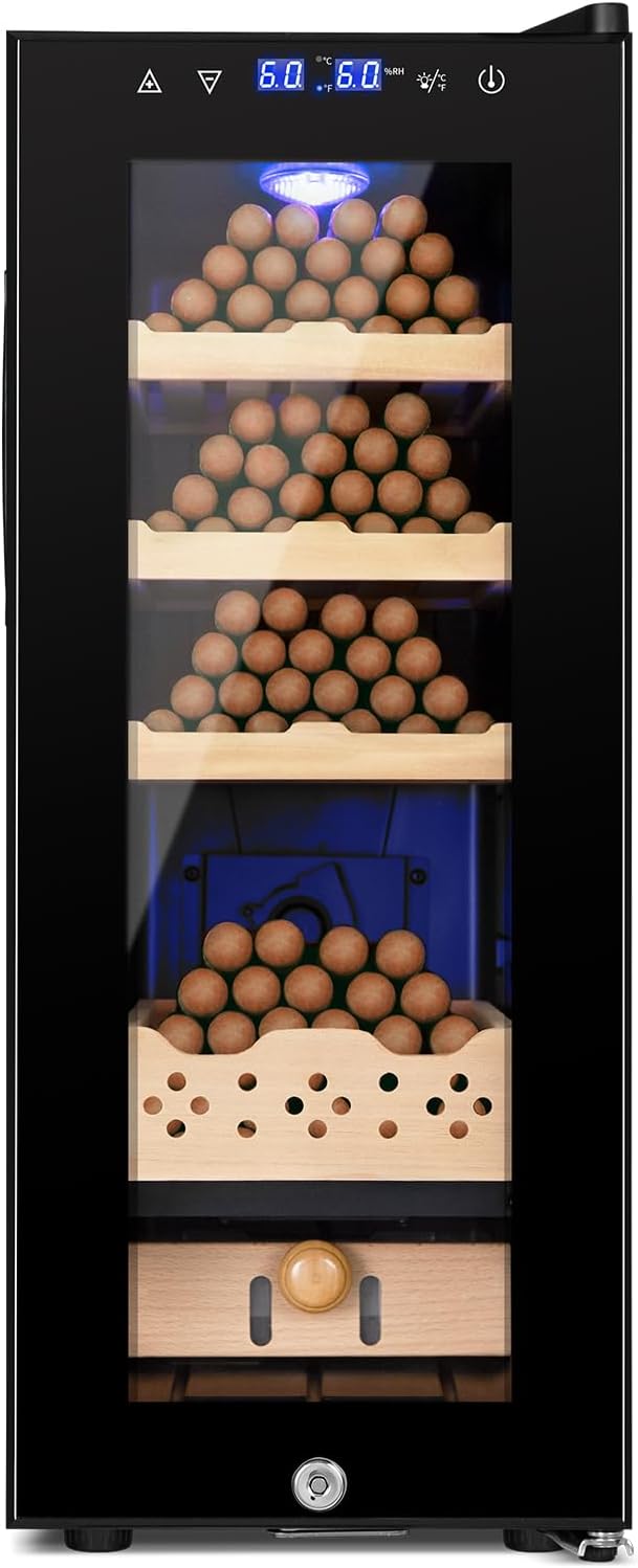 Electric Humidor for Cigars, 35L 250 Counts Large Capacity Thermostatic Desktop Humidor Cabinet with Digital LED Screen, Safety Lock,Smart Humidity & Temp Control, Gifts for Men