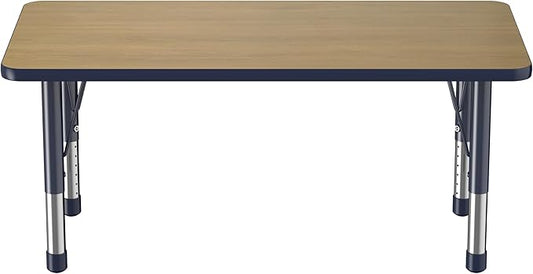 FDP Rectangle (24 x 48 inch) Classroom Table with Adjustable Chunky Toddler Legs (15-24 in); Preschool, Kinder and Daycare Furniture - Pasadena Oak Top/Navy Edge and Legs