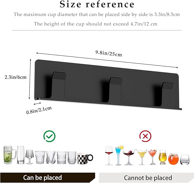 Cup Holder, 4 Pack Wine Glass Holder，No Drilling Installation Wine Glass Holder Wall Mounted for Dining Room, Kitchen and Bar Daily Use (Classic Black)