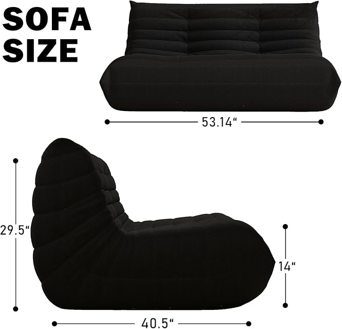 Bean Bag Chair, Loveseat Fireside Chair Bean Bag Sofa Large Bean Bag Chair for Adults, 2 Seater Bean Bag Chairs for Teens with High Density Comfortable Foam, Bean Bag for Living Room, Bedroom (Black)