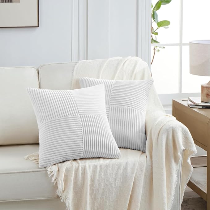 Fancy Homi 2 Packs Pure White Decorative Throw Pillow Covers 16x16 Inch for Living Room Couch Bed, Rustic Farmhouse Boho Home Decor, Soft Corss Patchwork Corduroy Textured Square Cushion Case 40x40 cm