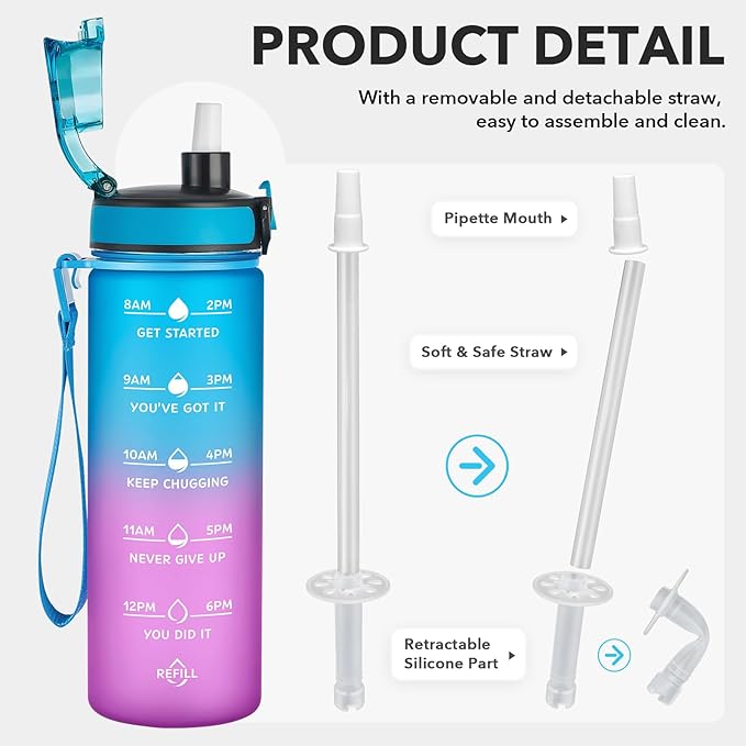 Enerbone Water Bottle, Leakproof BPA & Toxic Free, Motivational Water Bottle with Times to Drink and Straw, Fitness Sports Water Bottle with Strap for Office, Gym, Outdoor Sports