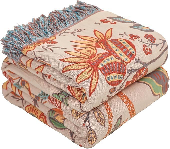 Boho Fall Throw Blanket for Bed，100% Ultra Cotton Soft Breathable Bed Throw Floral Printed Farmhouse Decor Rustic Bed Throws for Couch Sofa Quilt 90" x 98"-Orange& Sage Green