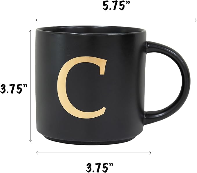 COLLECTIVE HOME - Monogram Ceramic Mugs, 15 oz Golden Initial Black Coffee Cups, Elegant Alphabet Tea Mugs, Elegant Personalized Mug with Gift Box, Unique Mug with Double Side Capital Lette (C)