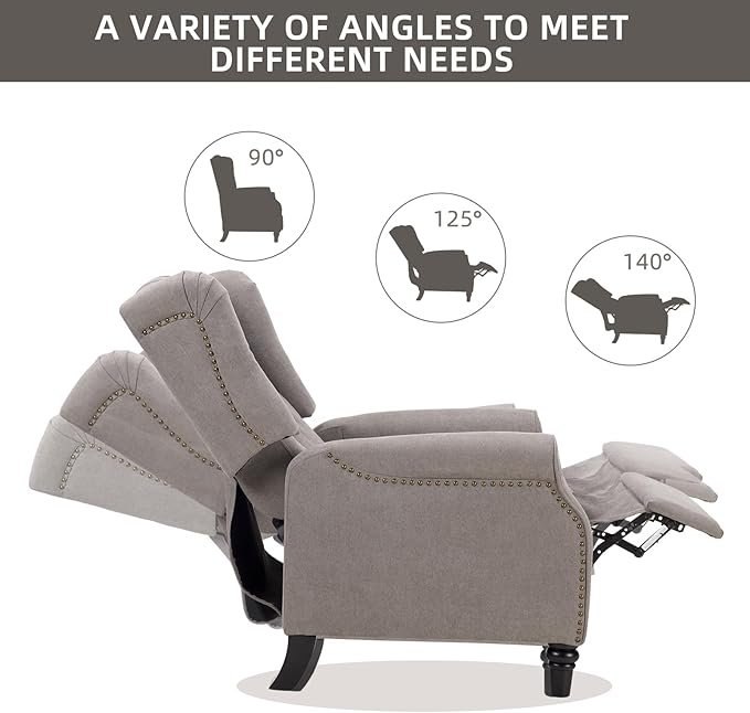 CANMOV Push Back Recliner Chair Set of 2, Modern Fabric Wingback Recliner Chair, Comfy Armchair Single Sofa Accent Chair with Padded Seat and Nailhead Trim, Tufted, Grey