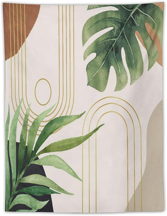Abstract Boho Tapestry, Mid Century Tropical Tree Leaves Modern Geometric Arch Bohemian Botanical Tapestry, Home Aesthetic Wall Hanging Art Decor for Living Room Bedroom Dormitory 60x80 Inch