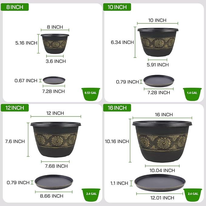 4 Pack 10 inch Plant Pots, Retro Pattern Planters with Drainage Holes and Saucer, Sturdy Plastic Garden Flower Pots for Indoor & Outdoor Plants