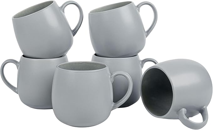 Ceramic Coffee Mugs Set of 6, 14oz - Modern Scandinavian Aesthetic - Microwavable Stoneware Coffee Cups with Comfortable Handle - Tea Mug Set for Latte, Cappuccino, Soup - Pale Blue Mist