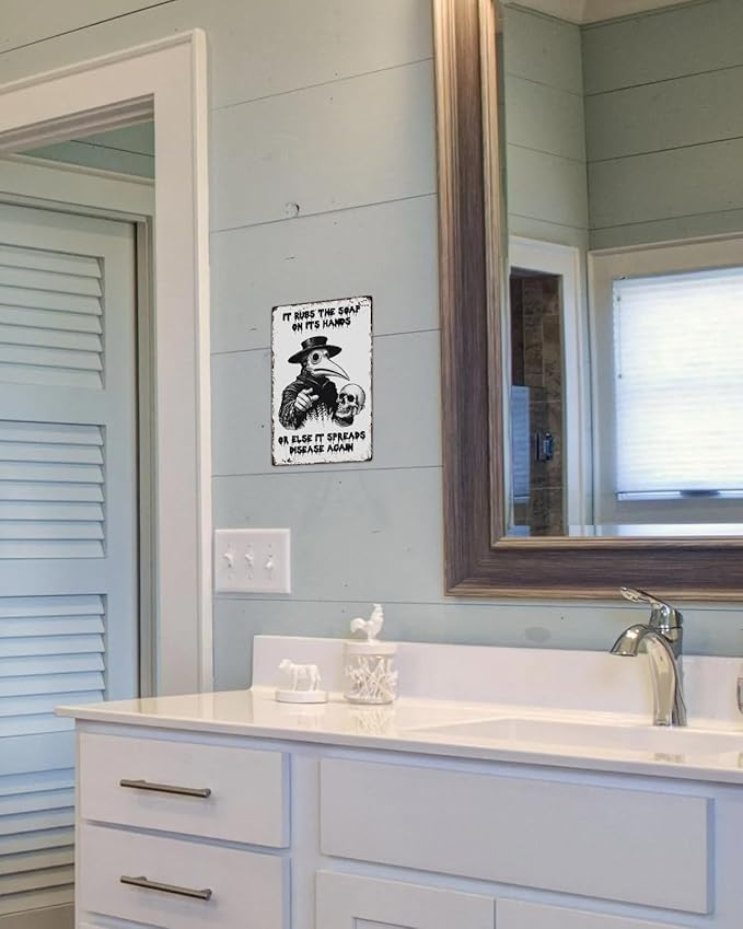 ALKB Halloween Bathroom Decor 8 x 12 Inch - Goth Plague Doctor Metal Tin Sign,Gothic Lovers Gifts,IT RUBS THE SOAP ON ITS HANDS