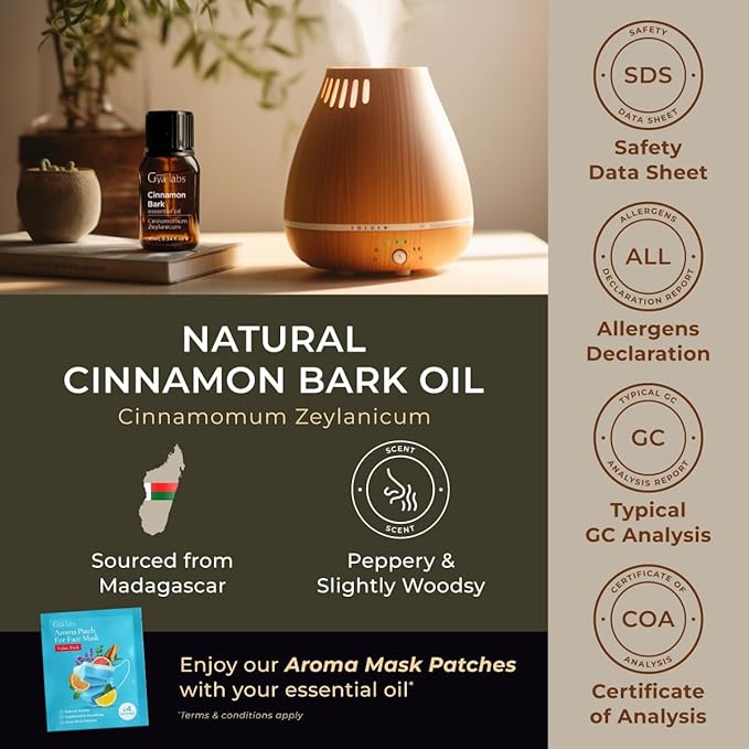 Gya Labs Cinnamon Essential Oil for Diffuser - 0.34 Fl Oz - 100% Pure Natural Cinnamon Bark Essential Oil for Skin, Hair, Lips Body & Candle Making Scent