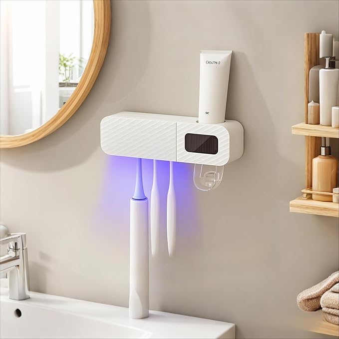 Smart Toothbrush Holder for Bathrooms, Toothbrush Cleaner Wall Mounted, Automatic Toothpaste Dispenser for Equipped with 3 Slots (White)