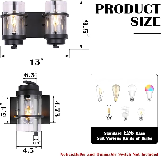 Bathroom Vanity Light Fixtures,2 Light Bathroom Vanity Lights,Black Farmhouse Sconce Over Mirror(Bulbs not Included)