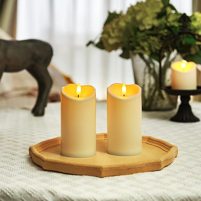 Homemory 6”x3” Outdoor Waterproof Flameless Candles, LED Candles, Battery Operated Candles with Remote and Timers, Electric Fake Plastic Pillar Candles,Dark Ivory, Set of 2