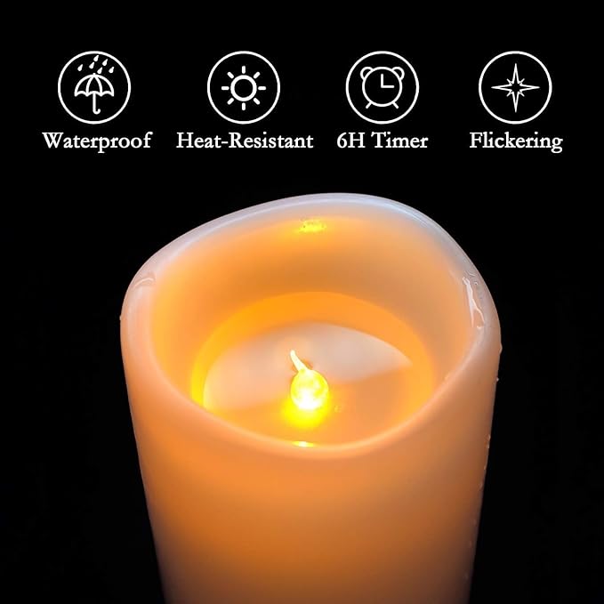 Homemory 4" x 10" Large Waterproof Outdoor Flameless Candles, Battery Operated LED Pillar Candles with Remote and Timers for Indoor Outdoor Lanterns, Long Lasting, Dark Ivory, Set of 4