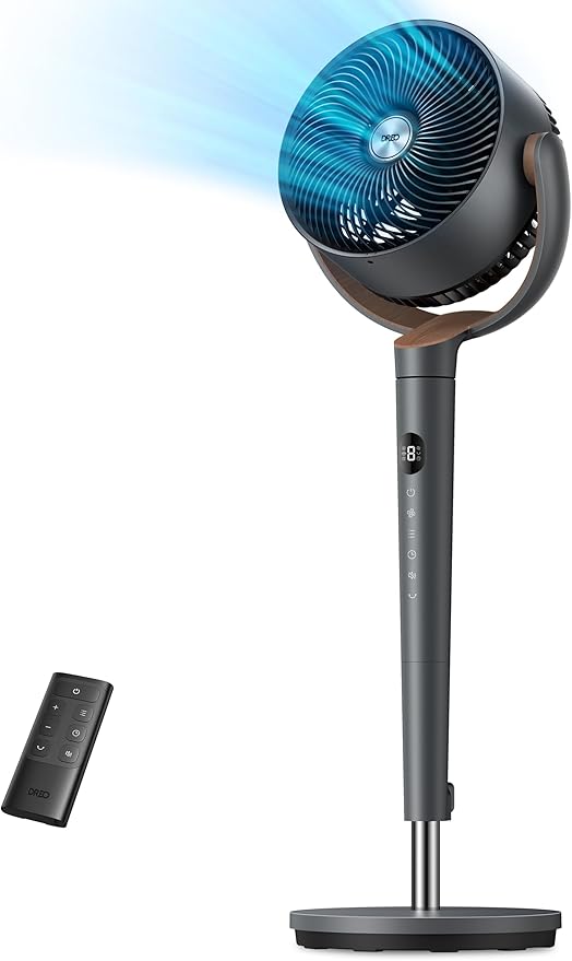 Dreo Fan for Bedroom, 120° Oscillating Standing Fans, Quiet Floor Fan with DC Motor, 100ft Pedestal Fans for Room, 9 Speeds, 4 modes, 20dB, 120° Manual Vertical, 37-42" Adjustable Height, 9H Timer