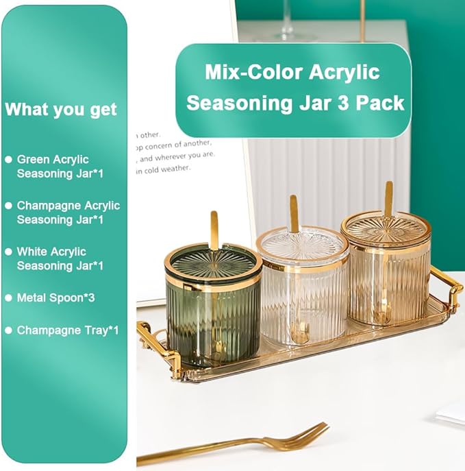 Acrylic Condiment Spice Jars,Condiment Spice Box With Lids and Spoons and Tray,Clear Plastic Sugar Salt Canisters,Seasoning Box 3 Pack,Seasoning Box Set for Kitchen to Storage Salt,Paprika,Sugar