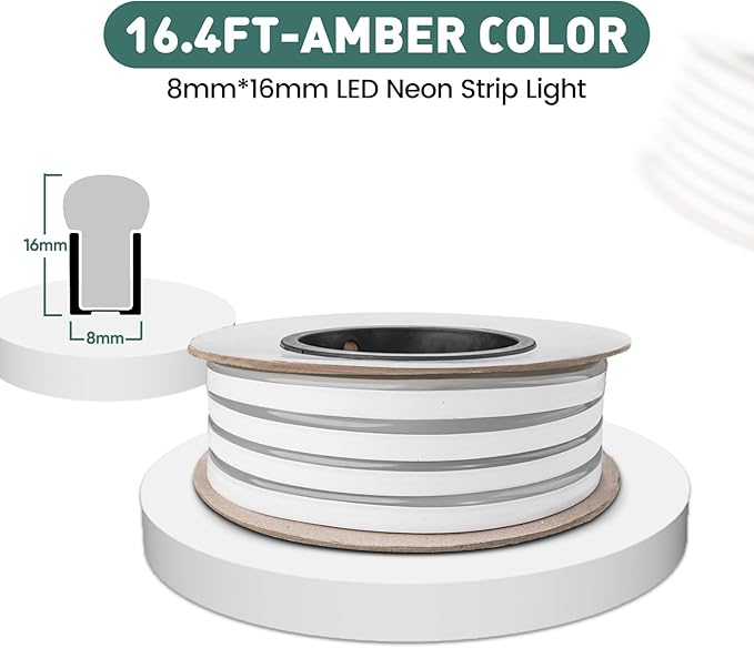 GZBtech Flexible LED Neon Rope Lights 16.4FT,AC 110-120V Waterproof Strip Light, 120LEDs/M Cuttable Connectable Neon Lighting for Indoor Outdoor Home Decor/Commercial Building Use-Amber 5M
