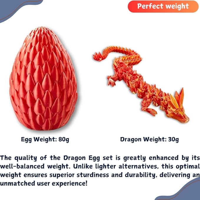 3D Printed 12” Articulated Crystal Dragon Inside 5.1” Egg - Unique Collectible, Fidget Toy, Fantasy Home & Office Desk Decor (Laser Red)