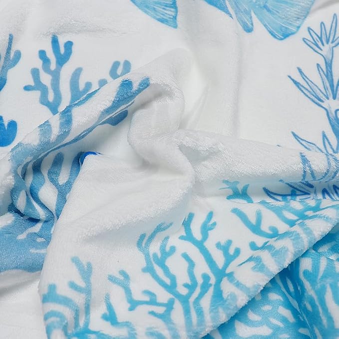 Blue Ocean Beach Throw Blanket Nautical Coastal Bed Blanket Starfish Seashell Coral Blankets Super Soft Flannel Fleece Throw Blanket for Couch Bed Decor “50 x60”