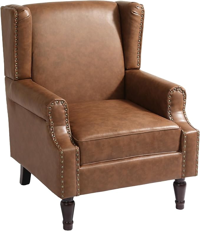UIXE PU Leather High Back Accent Chair, Upholstered Armchair for Living Room, Retro Wingback Arm Chair Nailhead Trim Single Sofa Bedroom Reading Seat with Solid Wood Legs - Brown