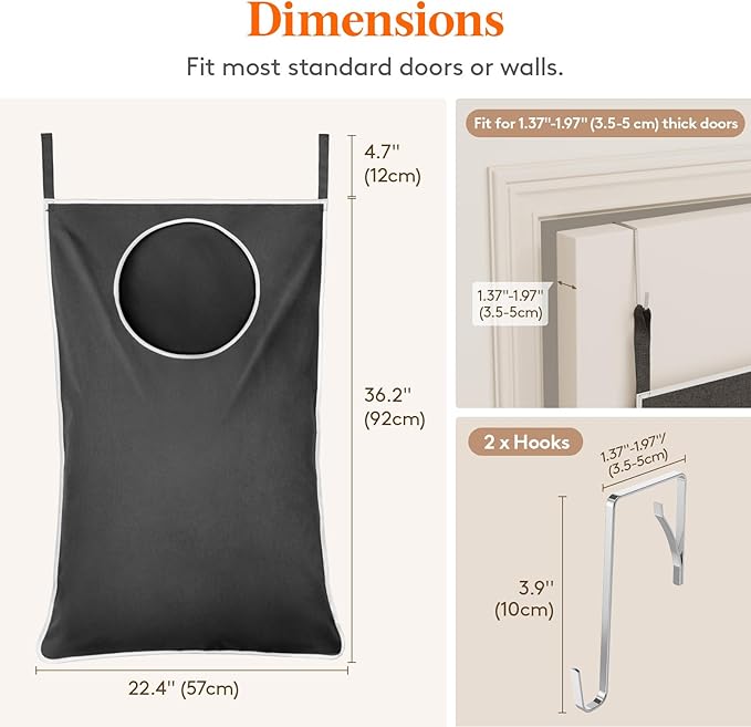 Lifewit Over Door Laundry Hamper, Large Collapsible Hanging Laundry Hamper, Hanging Laundry Basket Bag for Bathroom Bedroom Dirty Clothes Storage Organizer, Dark Gray