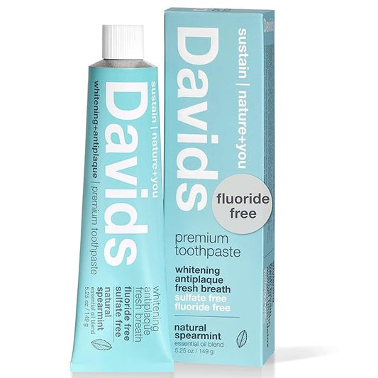 Davids Fluoride Free Toothpaste, Teeth Whitening, Antiplaque, SLS (Sulfate) Free, Promotes Enamel Health, Mouth & Gum Detox, EWG Verified, Natural Spearmint, 5.25oz, Made in USA