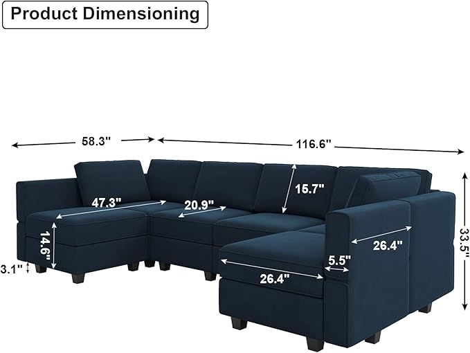 Belffin Modular Reversible Sectional Sofa U Shaped Couch with Storage Seat with Chaise Velvet Blue…