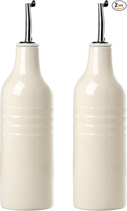famiware Jupiter 16oz Ceramic Olive Oil Dispenser Bottle, Olive Oil and Vinegar Dispenser Bottle Set of 2 with Stainless Steel Pourers, Suitable for Storage Vinegar, Liquids, Vanilla White