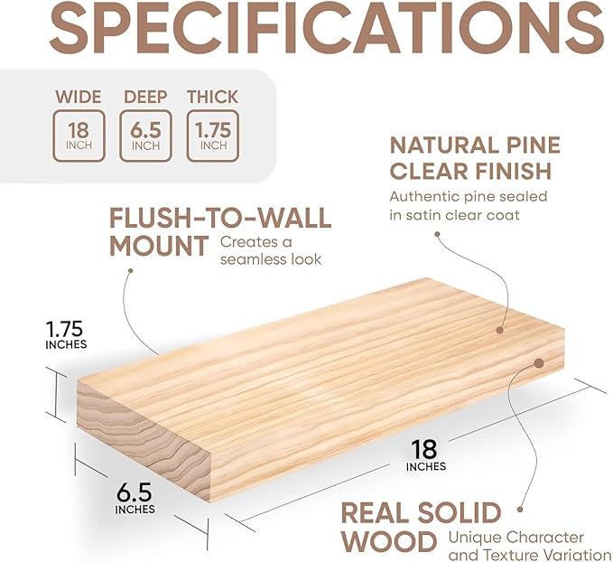 Homeforia 18 inch Natural Floating Shelf, High End Solid Real Wood 18inch Small Floating Shelves for Wall Mounted, Natural Wooden Floating Shelves, Heavy Duty Bracket, 18 X 6.5 X 1.75 in, Set of 2