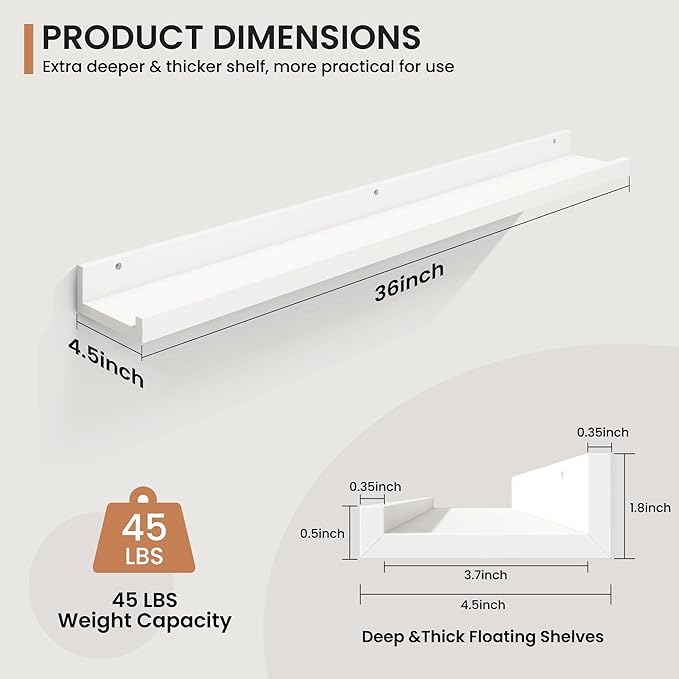 Fun Memories Picture Ledge Shelves Set of 2, 36 Inch Rustic Wall Mounted Floating Shelves with Lip for Home Storage and Décor in Bathroom, Kitchen, Nursery, Bedroom, Living Room, White