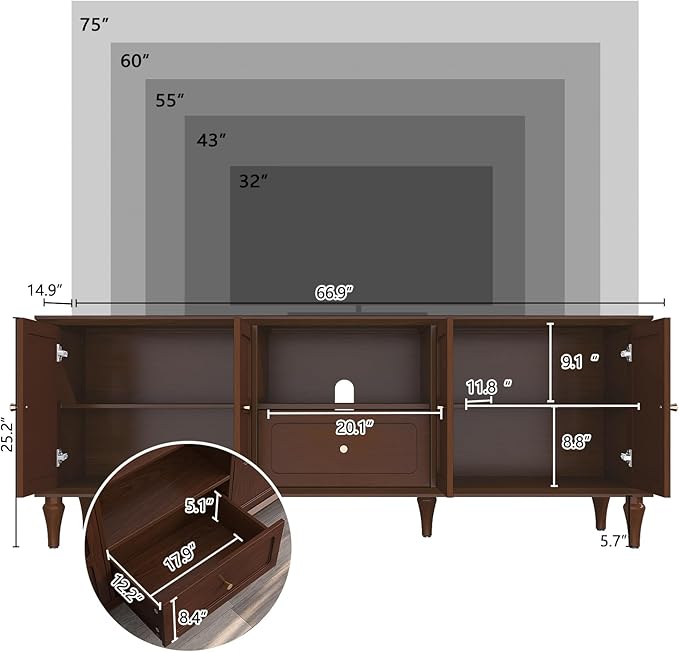 ARTPOWER 67'' Mid-Century Modern TV Stand with Storage Drawer and Doors, Long TV Stand with Adjustable Shelves for 75 Inch TV for Living Room, Bedroom, Brown