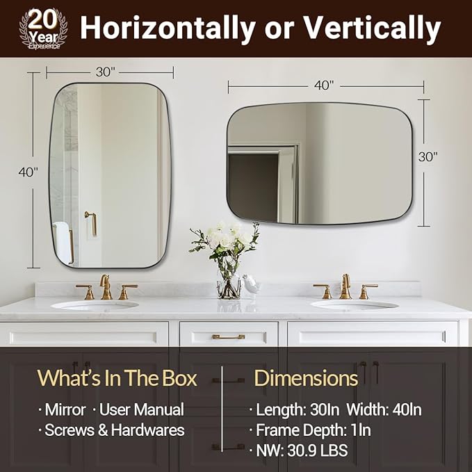 ANDY STAR Brushed Nickel Bathroom Mirror, 30x40” Oblong Mirror with Stainless Steel Metal Frame, Silver Oval Vanity Mirror for Over Sink, Modern Anti Rust Wall Mounted