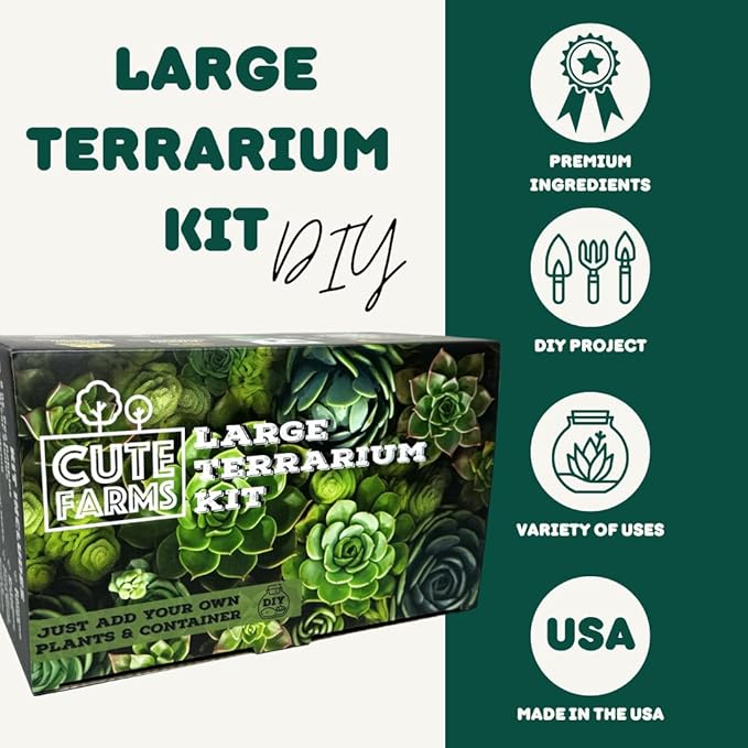 Cute Farms Terrarium Starter Kit | Moss, Vermiculite, Soil, Pebbles, Plant Food, & Finishing Tools (Large + 8 Live Plants)