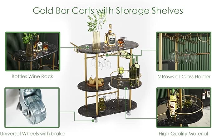 Black Bar Carts with 4-Tier Storage Shelves, Mobile Bar Serving Cart with Wine Rack and Glass Holder, for The Home, Kitchen, Living Room, Dining Room