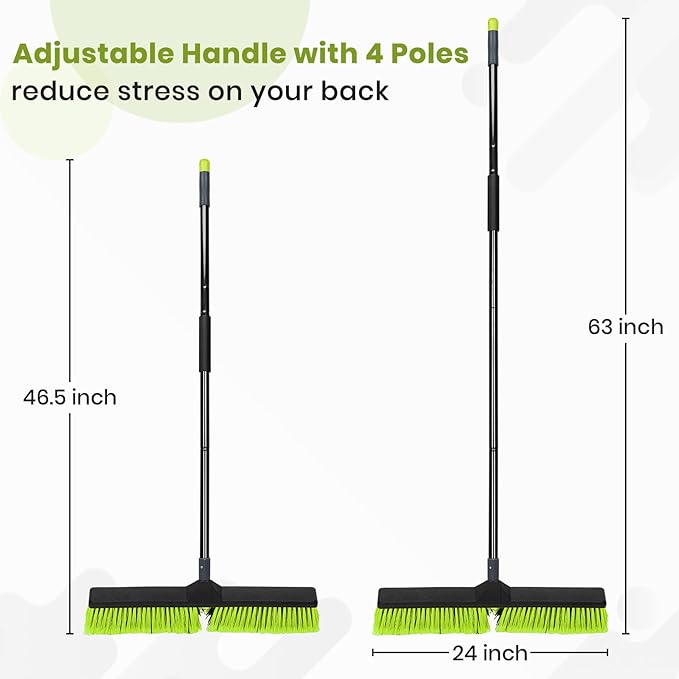 24-Inch Push Broom Outdoor with Stiff Bristle, Heavy Duty Broom Brush with 63” Long Handle for Deck Patio Driveway Garage Warehouse Shop Floor Sweeping & Scrubbing