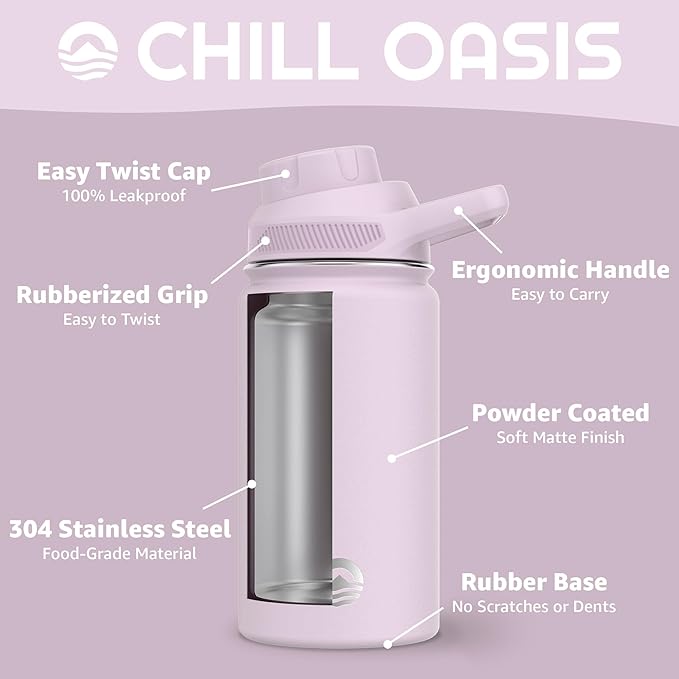 Chill Oasis Water Bottle | Compatible With Popular Flavor Cartridges | BPA Free, Leak Proof, Double-Walled Vacuum Insulated Stainless Steel, and Dishwasher Safe | Cold for 24 Hours (Lavender, 12oz)