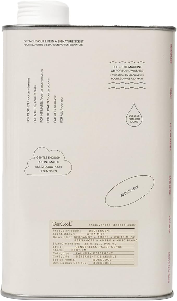 DedCool Liquid Laundry Dedtergent (Xtra Milk, 32 fl oz), Luxurious Fragrance, Scented, Removes Stains, Ideal for 60 Washes, Infused with Natural Essential Oils, Vegan, Non-Toxic, Cruelty & Dye Free