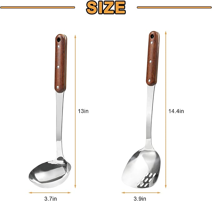 FJNATINH Stainless Steel Wok Spatula and Ladle Tool, Mirror Polished Cooking Utensils Set Metal Wok Accessories with Wooden Handle,Easy to Clean Kitchen Utensils,Sliver