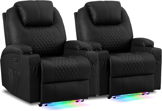 AHMED Power Recliner Chair with Vibration Massage & Heat for Adults, Faux Leather Home Theater Seating with Cup Holders/LED Lights/USB Ports/Side Pockets for Living Room, Black
