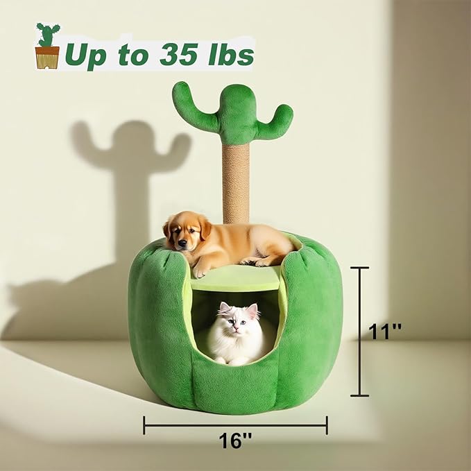Cat Houses for Indoor Cats, Small Cat Tree with Sisal Ropes and Plush Perch, Cute Cat Bed Cave with Soft Pillow, Cactus Design