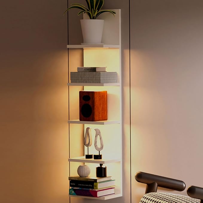 5 Tier Wall Shelf with Light, White Modern Vertical Lack Wall Shelves, Wall Mount, Floating Column Home Decor Shelves for Bedroom, Living Room, Vanity Storage Display