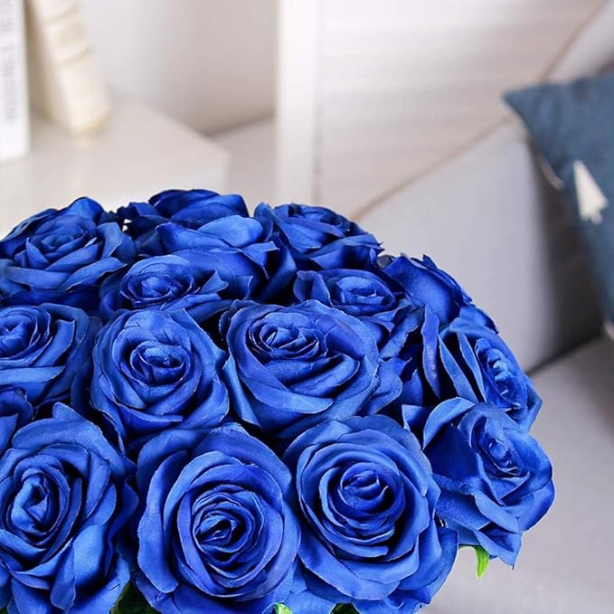 Blue Fake Roses Artificial Flowers - 16 Pcs Fake Artificial Roses Silk Flowers with Stems for Home Wedding Hotel Office Centerpiece Decor
